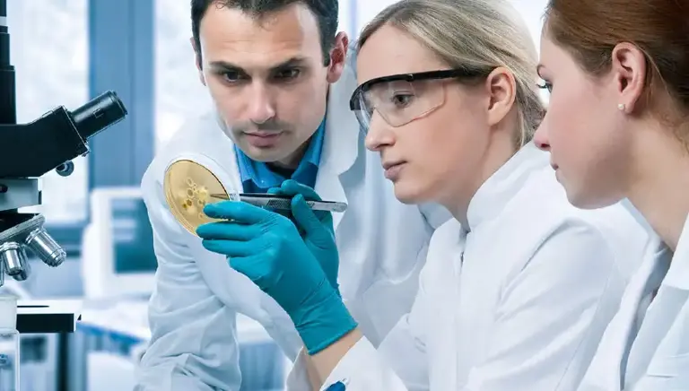 Three scientists sit closely in a lab, focused on the petri dish being held by the middle one