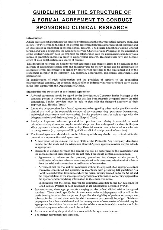 Structure of a formal agreement to conduct sponsored clinical research