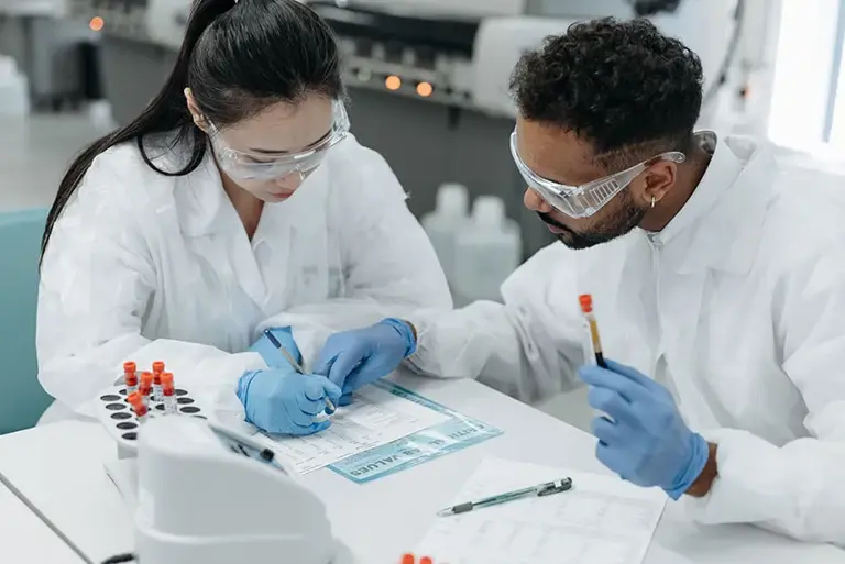 Two scientists are double checking a list while reviewing a set of blood vials