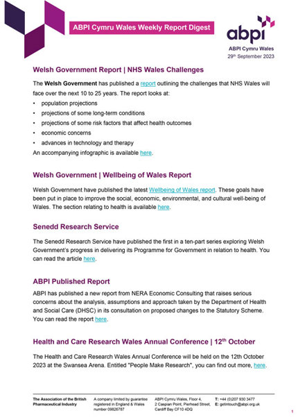ABPI Cymru Wales Weekly Digest 29 Sep 2023