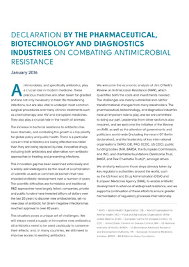 Declaration by the pharmaceutical, biotechnology, and diagnostics industries on combating antimicrobial resistance