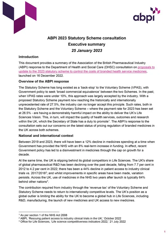 ABPI Statutory Scheme consultation response executive summary - 31 January 2023