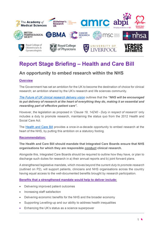 Briefing paper: Embedding Research in the NHS – Cross sector Health and Care Bill briefing