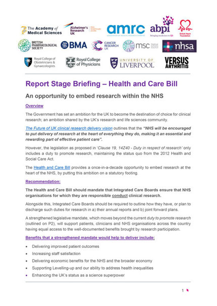 Briefing paper: Embedding Research in the NHS – Cross sector Health and Care Bill briefing