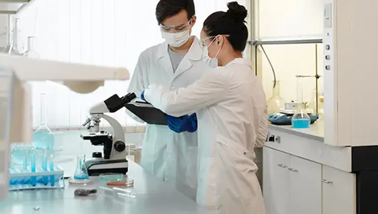 Two scientists discussing are standing in a lab in front of a microscope on the bench.