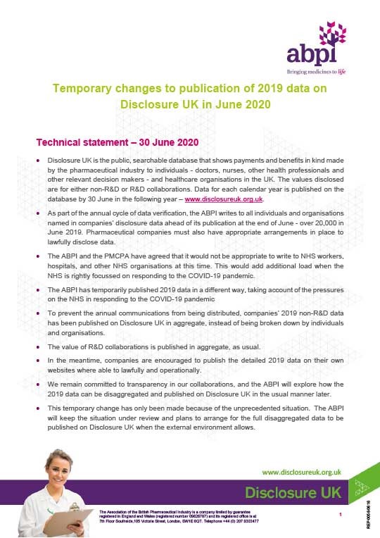 Temporary changes to publication of 2019 disclosure data